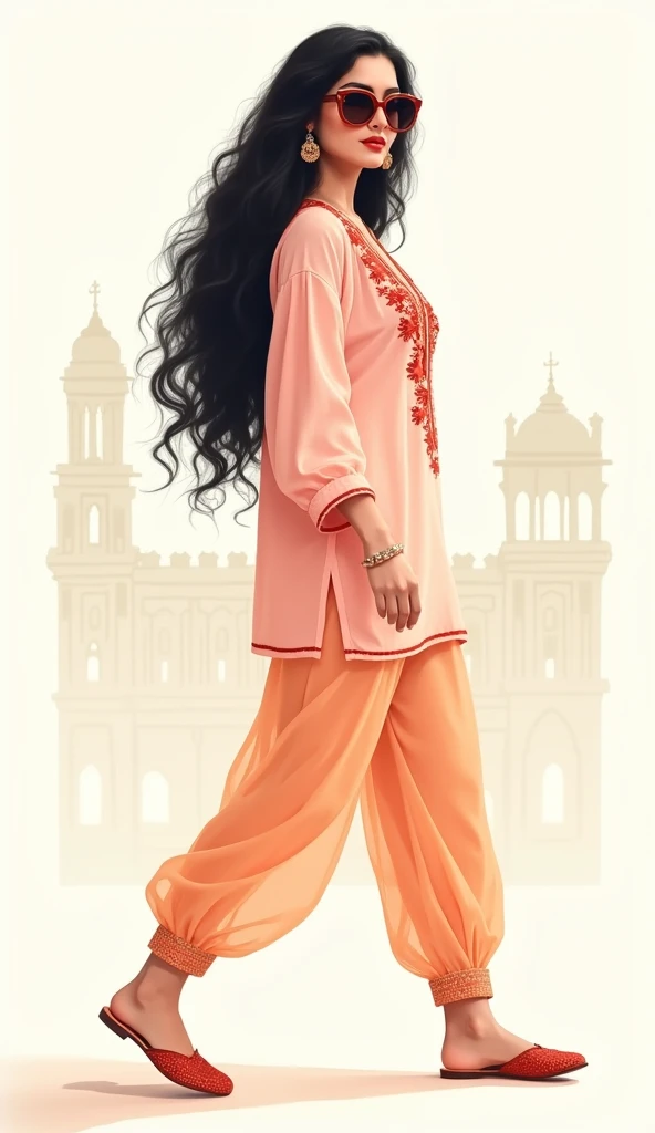 minimalist fashion illustration, side view, full body portrait of a gorgeous pakistani voluptuous very busty woman walking, very big sunglasses, pakistani tv soap opera superstar actress, full lips, pakistani ornaments, long wide thick curly black hair,  s...