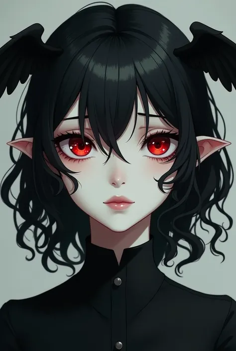 a woman with pale skin and black hair that curls in waves. The iris of her eyes is bright red, the pupil is black, the pupil is slightly clouded, one scar on the right eye, the second scar passes through the first, the third scar above the right eye, a pai...