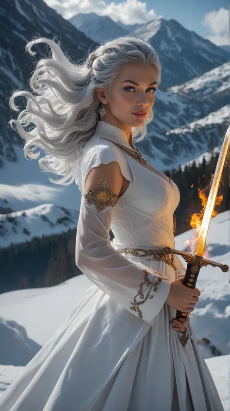  snatching out the sword of a snowy mountain , A sword with a cold ice flame of an ancient style woman, holds a sword,  burning with blue flames ,  white clothes dancing sword in the snow long flowing hair,  holds a silver longsword beautiful woman ,  to w...