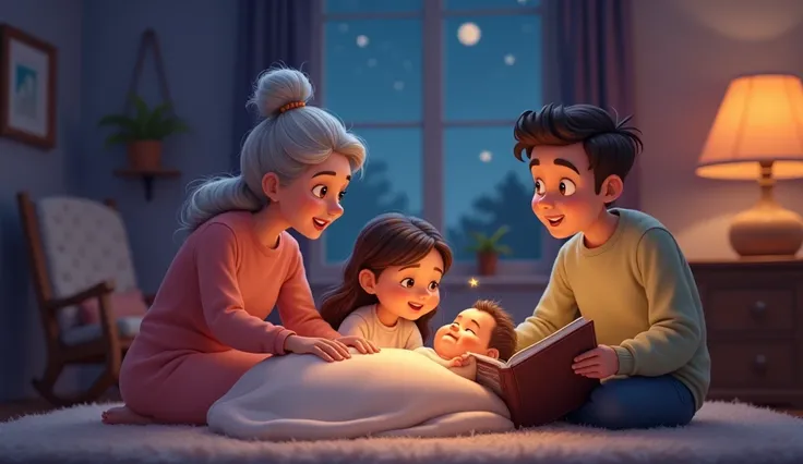 A bedtime cartoon-style scene where the whole family gathers around the baby. The grandmother sings a lullaby, the mother pats the baby gently, and the father reads a storybook. The room is dimly lit, with a starry night visible through the window.
