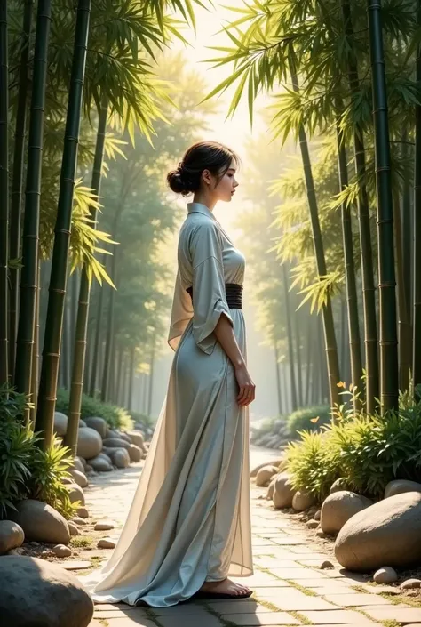 Beautiful ink painting 、A woman standing in a bamboo grove、 the brightness of summer sunshine、 The shade of a cool atmosphere 、