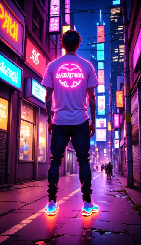 anime парень, road, sidewalks , city,  Neon text on a t-shirt : AvasKorpion , neon sneakers ,  neon outline,, Night.anime, stands facing the camera,  стиль anime, 2d