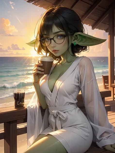 ((best quality)), ((masterpiece)), (detailed), perfect face, ((green skin)), pointy ears, very shy, tiny breasts, wearing black rimmed glasses, short dark hair, sitting on a hotel veranda overlooking the beach, sunrise, drinking mug of coffee, wearing whit...