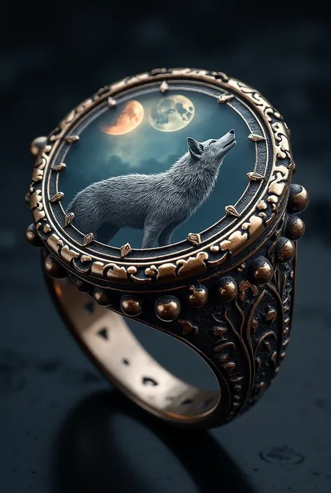  Create an image of a signet of a legendary creature , This creature is the wolf of the moon , The sinthe must be round and contain the wolf of the Moon and between its ears the 4 phases of the Moon the signet is made of metal