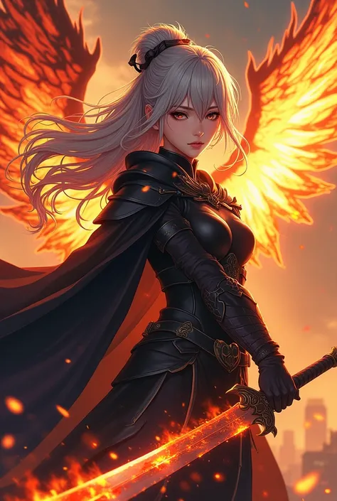 ((super fine illustration, 8k, Masterpiece :1.2, Sharp focus :1.2, depth of field:1.2)), Beautiful swordswoman, absurdity, Highly detailed face and skin texture, silver hair, jet-black armor, flame armor, cloak wrapped in flames, sword wrapped in flames, f...