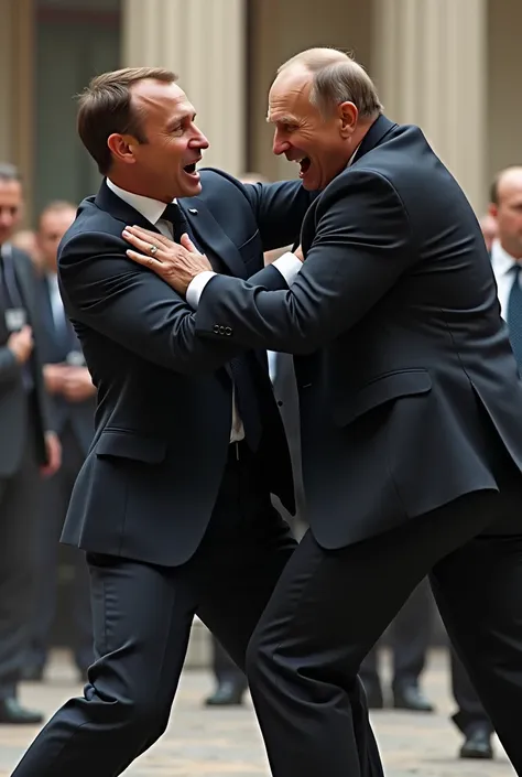 I want Vladimir Putin , The burly man lifts Emmanuel Macron up in the air with his blow, angrily with his left hand and ready to give him a hard blow in the face with his right hand.. Macron agite les bras pour se sauver