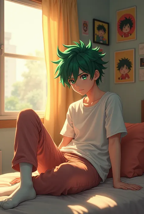 (photorealism:1.2), teenage anime boy, Deku, sitting on bed, wearing t shirt, pajama pants, white socks, green hair, indoors, soft lighting, posters in background, window with sunlight, cozy room, relaxed pose, realistic, intricate details, warm colors, by...