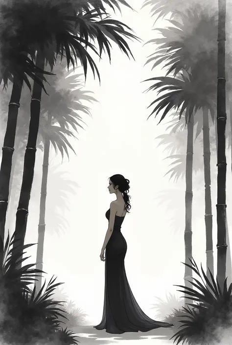 Beautiful ink painting 、 black and white images、Landscape painting using ink、A woman standing in a bamboo grove、 the brightness of summer sunshine、 The shade of a cool atmosphere 、