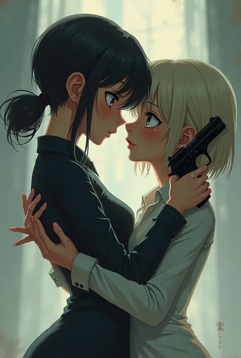  anime girl image , crying ,  anime girl image , Asecina  , Gun in hand ,  kissing on both 