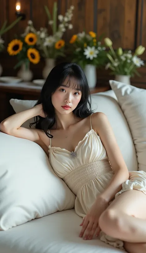 This is a high-resolution photograph of a young Asian woman reclining on a white couch in a softly lit, rustic-chic setting. She has a fair complexion and shoulder-length, wavy black hair with bangs framing her face. Her expression is serene and slightly c...