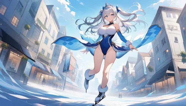  girl　 Silver Hair　 two side up in the center of town　Slanted Eyes　Blue Eyes　 tiara 　 Big Breasts 　ice skating costume　 full body view