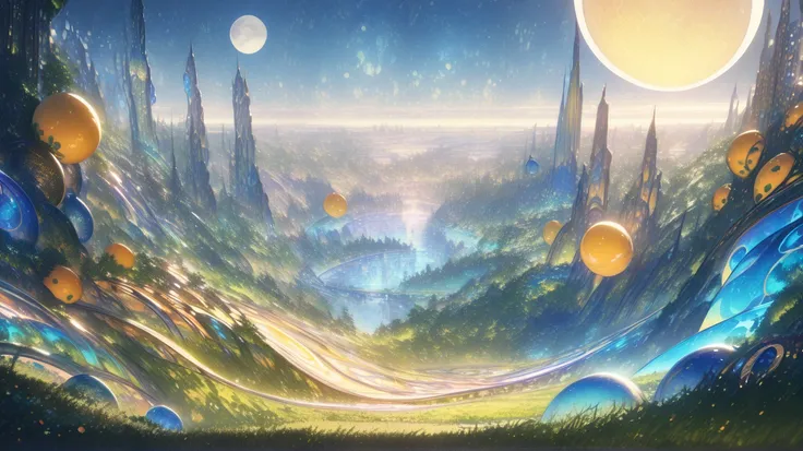 (masterpiece, super detailed, top quality, clear focus, dramatic scenes, cinematic), shadows, (super high res, 8K), perfect illustration, perfect fantasy landscape, (moon-like fruit celestial bodies floating in background sky: 1.3), (detailed fantasy metro...