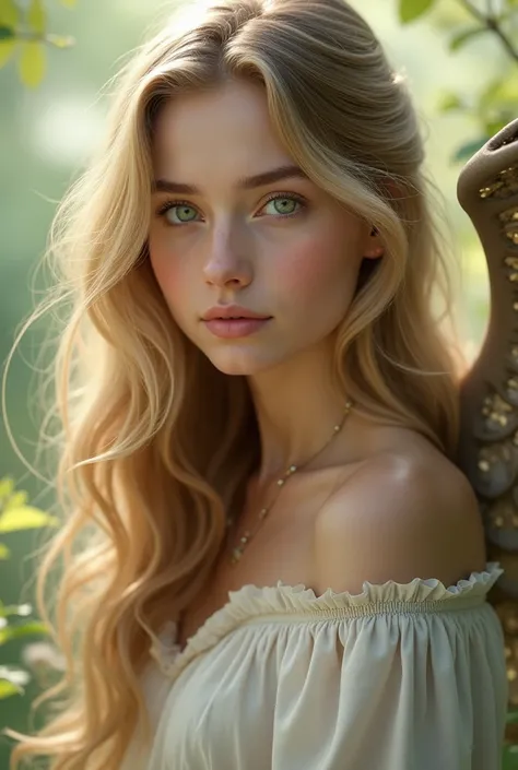 Young angelic woman, long wavy golden hair, innocent green eyes, pale and perfect skin. Soft and natural features. Realistic.