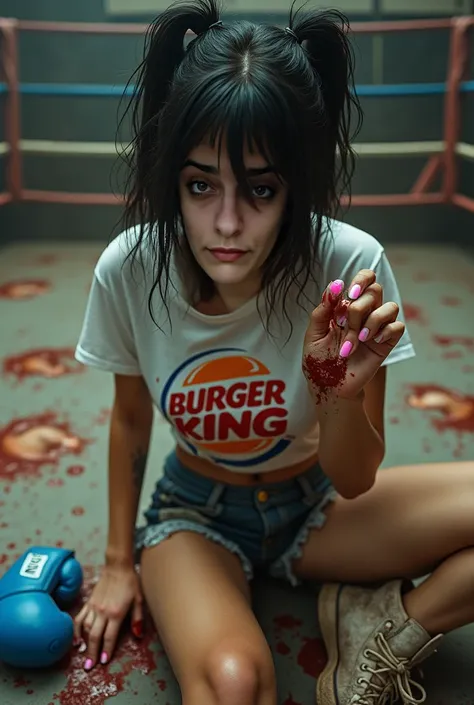  woman black hair with tousled brown reflections ,  nails painted in pink white ,  big saggy breasts ,  sitting on the floor of a boxing ring ,  in the right hand a bloody ear ,  of the lips and chin ,  on the floor pictures breasts , burger King t-shirt ,...