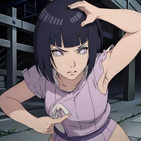 Hinata Hyuga (NARUTO), Full Body, Angry, Anger Vein,  1girl, Solo, High Resolution, Masterpiece, Super Detailed, Textured Skin, Hime Cut, Dark Blue Hair, White Eyes, Tai Chi Stance.