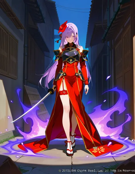 Girl, long lilac hair, red flower on head, lilac eyes. On her face is a japanese war mask, glow from her eyes. Tattered, red short ribbed satin dress. On her right hip is a red wedding garter. On her left leg are knives. There is blood on her hands, armour...