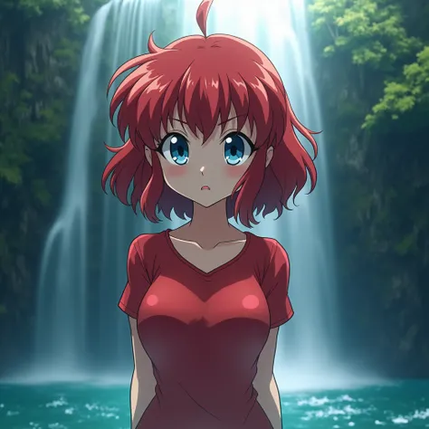 Ranma Chen , RanmaredShirt,Redhead, blue eyes , waterfall background , medium breasts, Sexy dew point, Saotome Ranko partially underwater shot, Pointillism, aldult,3D Rendering, cartoon,  looking at the audience , Jitter,  first-person view , 