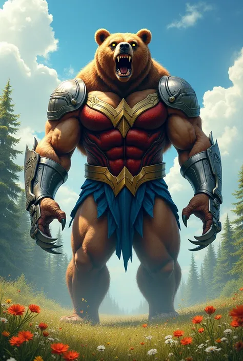 "A terrifying hybrid entity combining a grizzly bear and Wonder Woman’s godly strength stands menacingly on the same grassy field under a bright blue sky. The creature’s body is a fusion of a giant grizzly bear and Wonder Woman’s Amazonian traits. Its head...