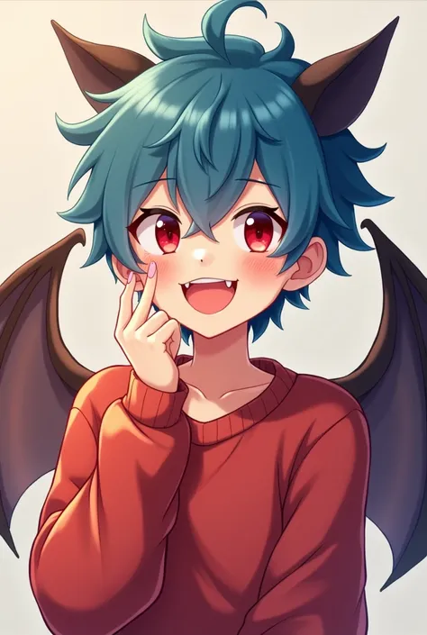 Cute 20 something year old anime guy with blue hair, red eyes, and fangs. Bat wings on the side of his head. Fang sticking out. Smiling. Baggy red sweater. Cute pose.