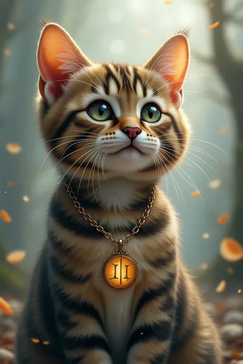  Portrait of a coated tabby cat.  She is wearing a necklace with II written on it . On the theme of the dream  