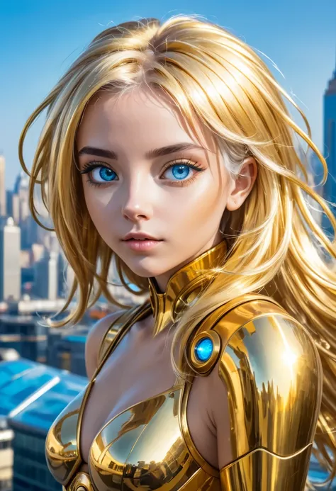 Beautiful girl with gold-colored metallic hair against the background of the city of the future, eyes are blue.