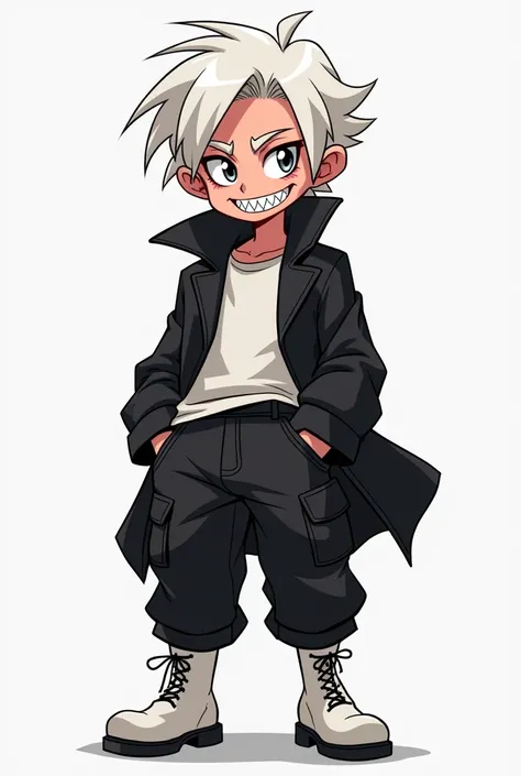  an androgen character ,  cartoon with a triangular toothed smile ,  with white hair and loose, dark clothes, Like a loose blazer ,  a black cargo pants and white boots ,  with the personality of a villain ,  make it as creative as possible , And if possib...