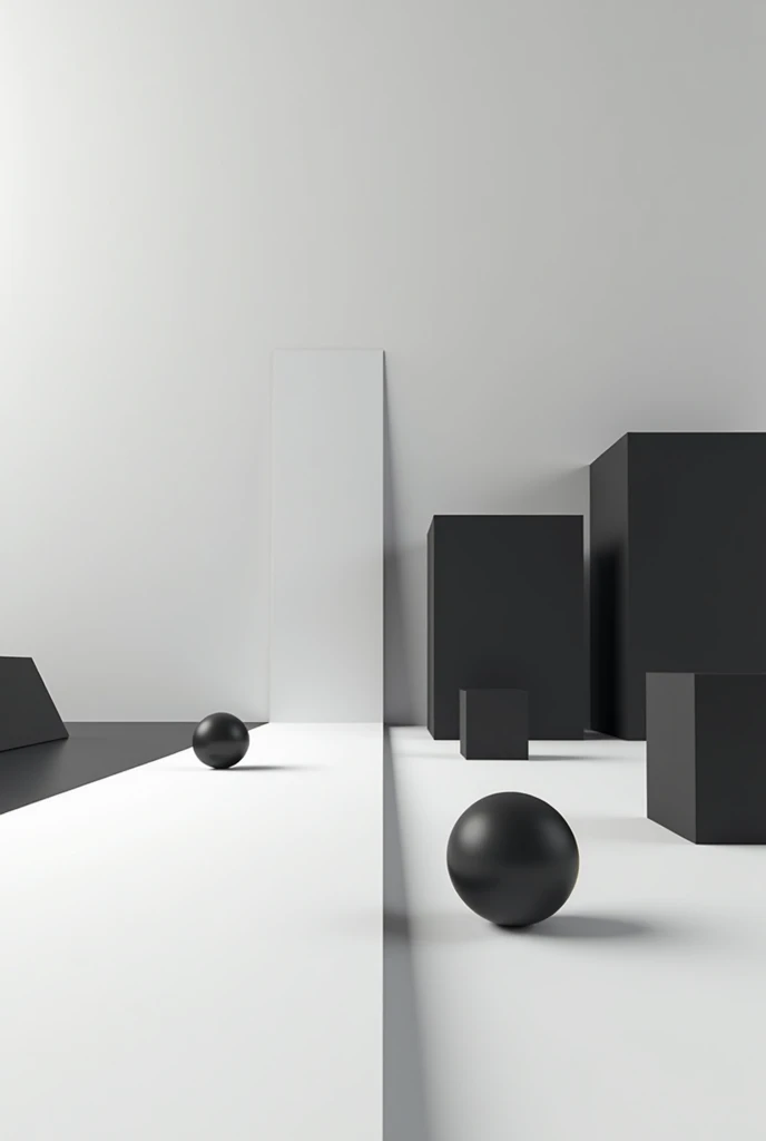 Create a surface with the horizon line and 3D squares and spheres all black and white