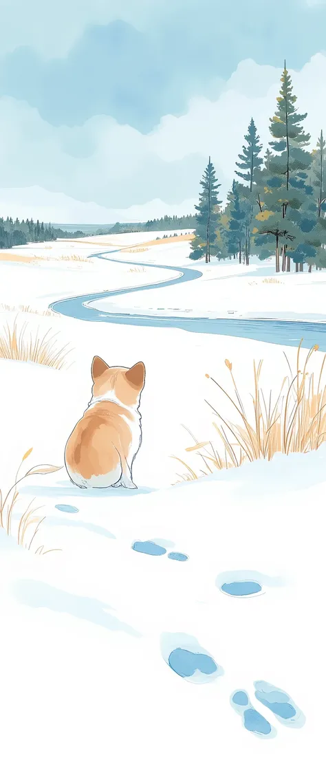 (  masterpiece on penis :1.2,Premium quality ,  Mirror Finish  ,  Cinematic Experience ,  Best Illustration ),  super detailed,8k,16k,wallpaper,(Footprints of snow),( small dog footprints in the snow ),(A small dogs winter walk ),(Watercolor),( cute illust...