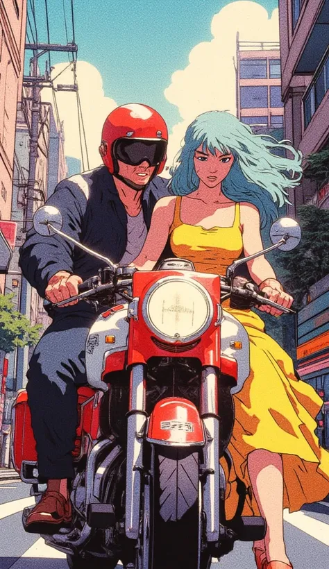 A vibrant street scene captured in the distinct anime style of the 1980s or 1990s, where a man and a woman are riding a sleek red and white motorcycle with a sense of casual dynamism. The man, clad in dark-colored attire and a crimson helmet, sits confiden...