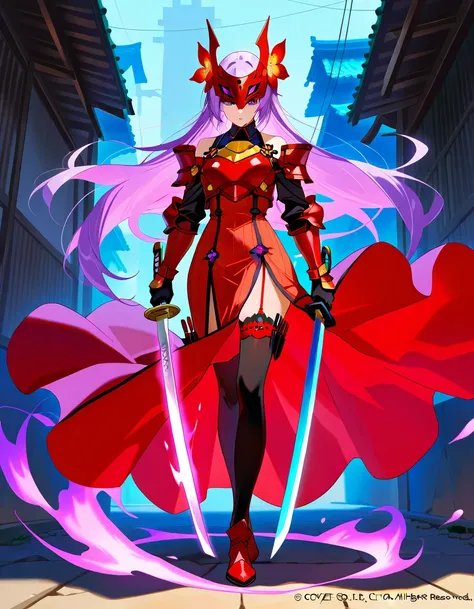 Girl, long lilac hair, red flower on head, lilac eyes. On her face is a japanese war mask, glow from her eyes. Tattered, red short ribbed satin dress. On her right hip is a red wedding garter. On her left leg are knives. There is blood on her hands, armour...