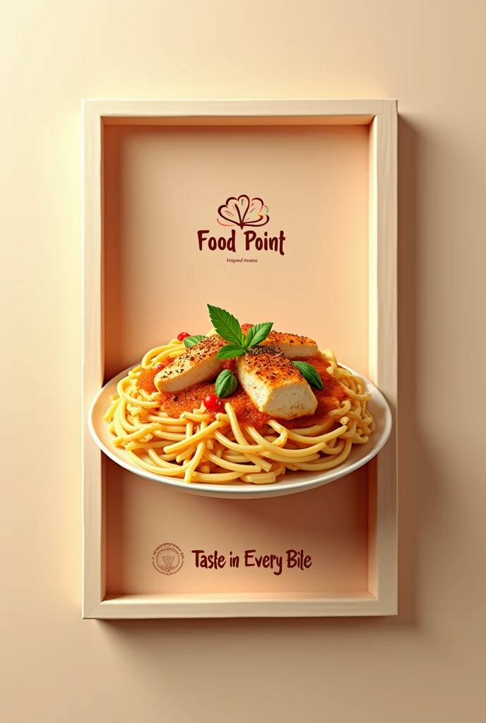 Height 26 inch and wide 16 inch . Make a picture with attractive  chicken pasta .the logo name is(  food point) please also make a small logo and The slogan is taste in every bite .plz make attractive picture 

Please make a 3D picture