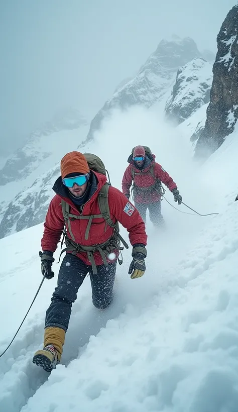  "A powerful scene showing Sir Edmund Hillary and Tenzing Norgay struggling against fierce winds and blizzards on the slopes of Mount Everest. Snow swirls around them as they climb through treacherous, icy terrain. Their faces are shielded by goggles and s...