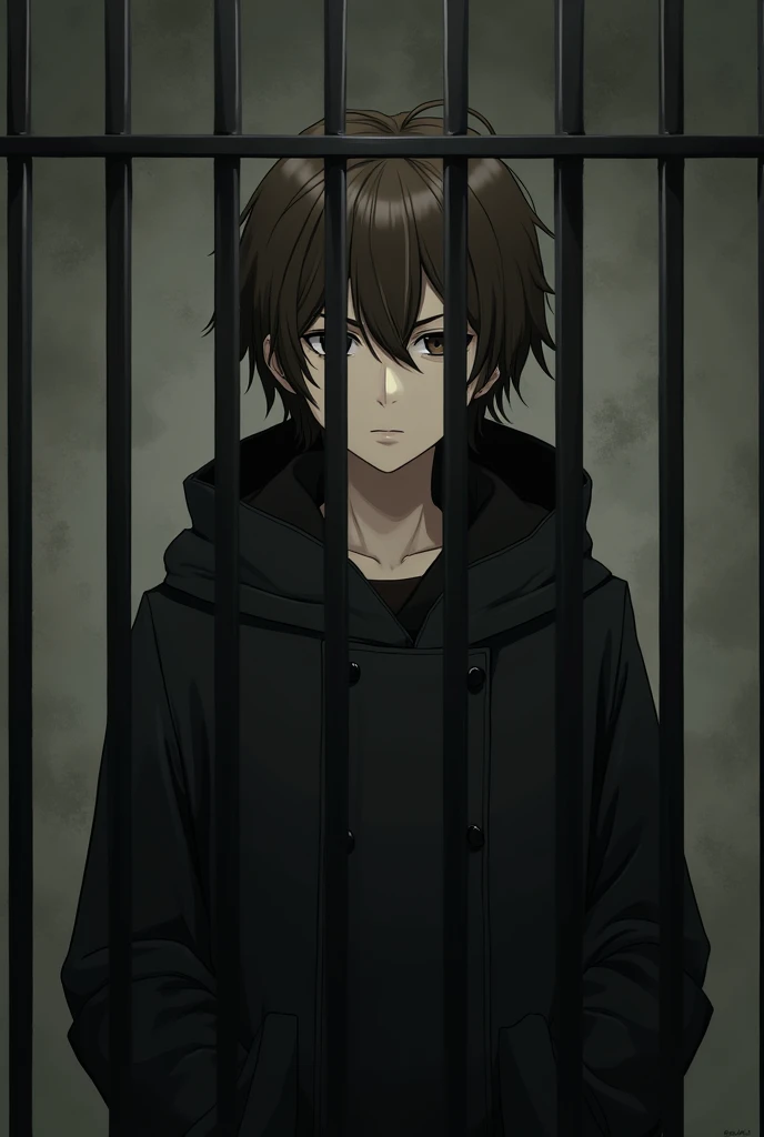  I want you to generate a photo of a boy with long brown hair, medium height brown eyes and a black coat in jail 