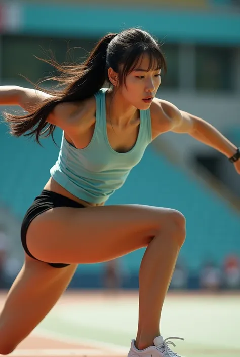 a beautiful young japanese female athlete from university of tsukuba, long jump, black hair in ponytail, extremely detailed and beautiful legs, real photo, sweaty, taken from the side, hyper realistic, photorealistic, 8k, studio lighting, masterpiece, deta...