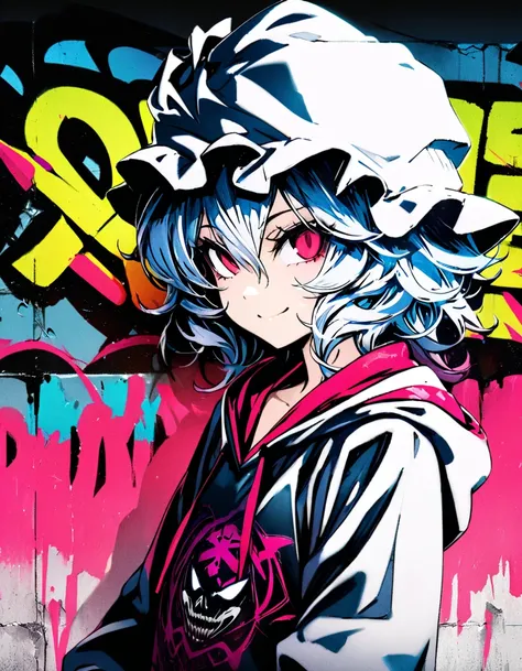 masterpiece,  top quality, 8k, detailed background, masterpiece,  top quality, smile,  ornament,  hoodie, Portraiture, Neon Purple, graffiti, dark, night, Shining Eyes,  black light , Remilia Scarlet