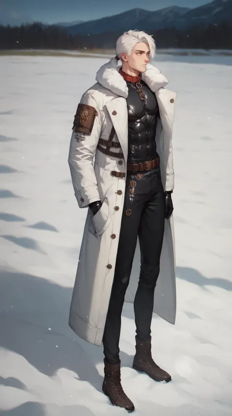 Handsome boy,White hair，Single ponytail， slim figure， warm brown eyes，Collar，Full body suit，((Long shot))，belt，white fur collar coat，Snow field background