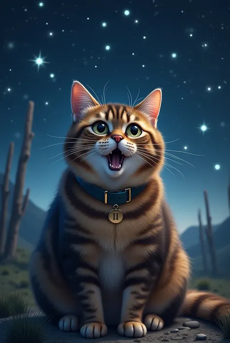 Portrait dune chatte enrobée de race tabby. Elle porte un collier avec inscrit II dessus. Sur le thème du rêve, dans la nuit. Le chat est grand et gros avec des poils courts et un regard choqué il y a des étoiles dans le ciel 