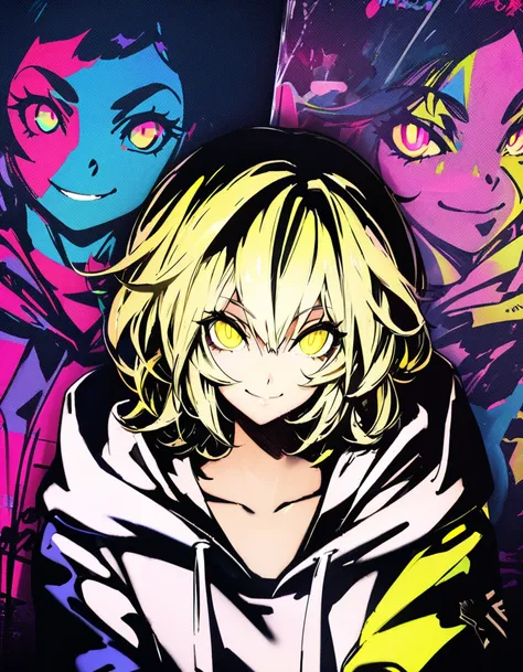 masterpiece,  top quality, 8k, detailed background, masterpiece,  top quality, smile,  ornament,  hoodie, Portraiture,  neon yellow, graffiti, dark, night, Shining Eyes,  black light , Flondor Scarlet