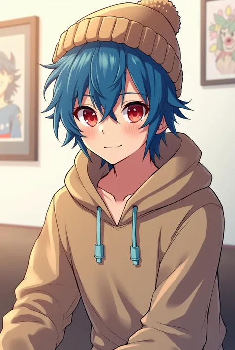 Cute 20 something year old anime guy with blue hair, red eyes, and a beanie. Baggy sweater.