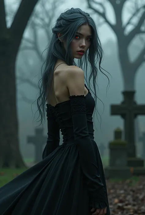 goth goddess, dark grey hair, red eyes, wearing a black dress, looking over a shoulder, in a graveyard