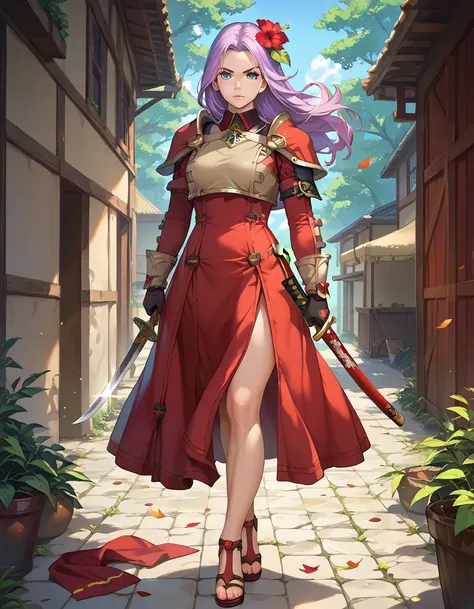 Girl, long lilac hair, red flower on head, lilac eyes. Tattered, red short ribbed satin dress. On her right hip is a red wedding garter. On her left leg are knives. There is blood on her hands, armour.  The red dress flutters in the wind. An aura of purple...