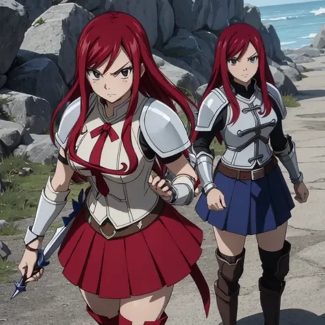 Erza Scarlet (Fairy Tail), .1girl, Solo, Masterpiece, High Resolution, Best Quality, Super Detailed, Textured Skin, Long Hair, Red Hair, Brown Eyes, Diamond-shape Silver Earrings, Heart Kreuzz Armor, Blue Skirt, Black Boots, Angry, Anger Vein, Battle Stanc...