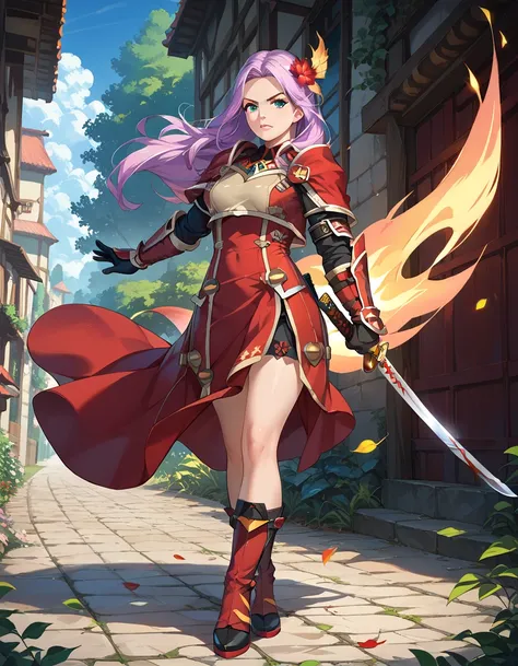 Girl, long lilac hair, red flower on head, lilac eyes. Tattered, red short ribbed satin dress. On her right hip is a red wedding garter. On her left leg are knives. There is blood on her hands, armour.  The red dress flutters in the wind. An aura of purple...