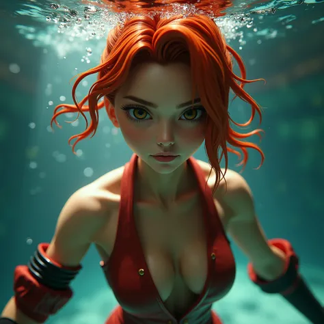 Chen Ranma ,Redhead,Single, Sexy，Martial Arts Outfit, close-up,  Light and Dark Contrast,  ray tracing ,  partially underwater shot, Clay Rendering, 3D Rendering, cartoon, 