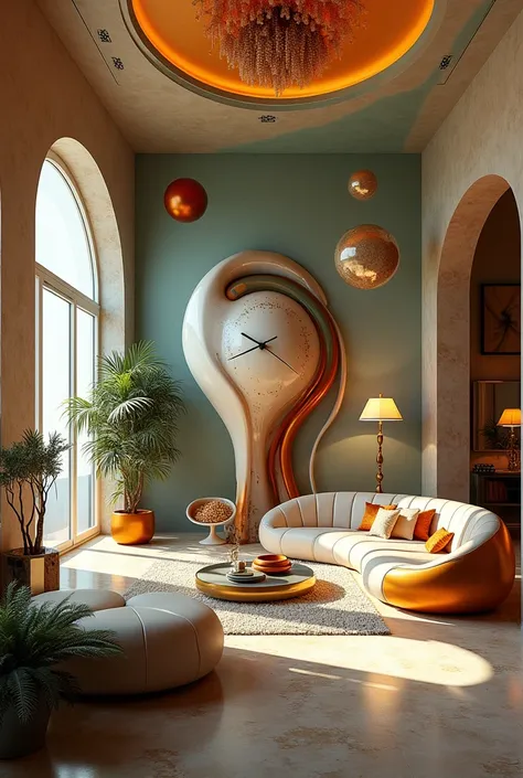 An interior of a designer house inspired by Salvador Dali with a melting clock 