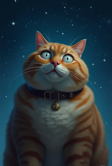 Portrait dune chatte enrobée de race tabby. Elle porte un collier avec inscrit II dessus. Sur le thème du rêve, dans la nuit. Le chat est grand et gros avec des poils courts et un regard choqué il y a des étoiles dans le ciel. Elle a la gueule fermée 