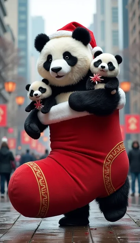  giant pandas take out giant Christmas socks ， a large group of panda dolls pour out of the sock pocket and take out many panda toys，Pandas run on the ground  /Back， on the streets of Shanghai at Christmas ，Sense of Giantness，