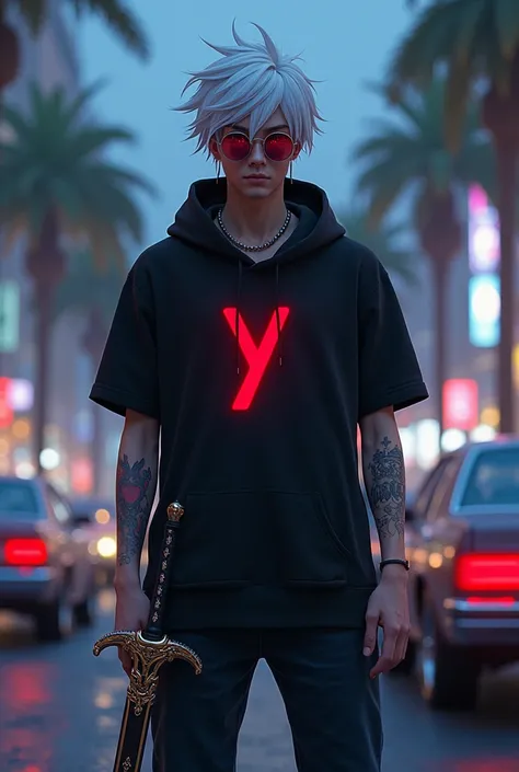 “An anime-style futuristic male character with white hair, glowing red eyes, and wearing a black hoodie. With sunglasses. He is holding a sword with intricate designs, standing in a misty urban street at night. The background includes vintage cars, palm tr...