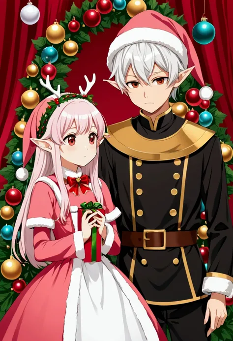 An anime-style illustration featuring a pink elf with long, straight hair wearing a red, white, and gold Christmas dress and a Christmas hat. She is standing next to a boy with short, messy white hair wearing a black outfit with gold details and a Christma...