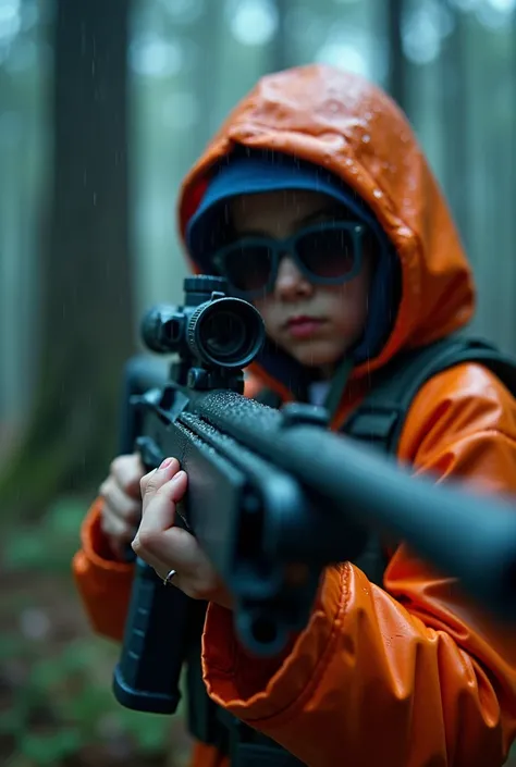 Close-up shot of a girls hands gripping a sniper rifle, wearing a soldier costume and sunglasses, standing in a rainy forest, the rifle reflecting the rain, High Details, Best Quality, High Resolution, Accurate, (color combine Red, Blue, Orange)